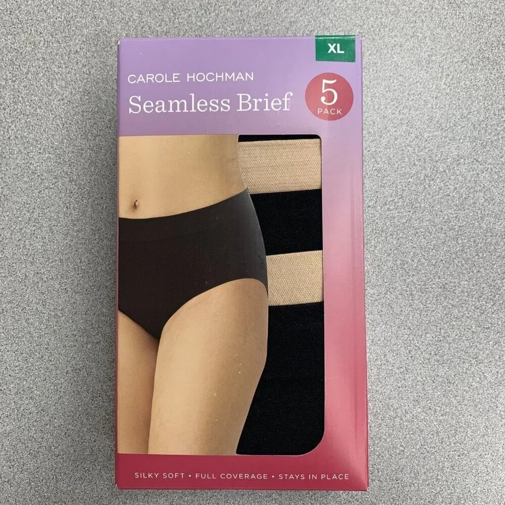 Carole Hochman Women's XL Seamless Briefs 5-Pack Silky Soft Beige & Black h1961